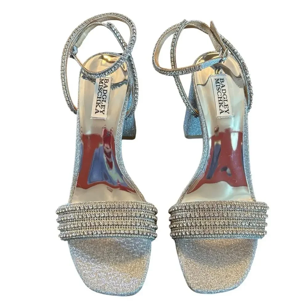 Badgley Mischka Becca Strappy Block Heels Silver Metallic Rhinestone NEW Size 7